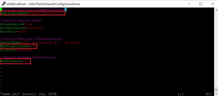 View of the Game.ini file in the text editor vim View of the Game.ini file in the text editor vim
