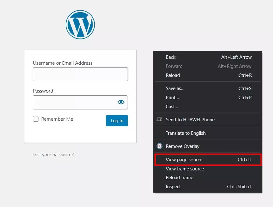 Image: WordPress login screen with “View page source” option
