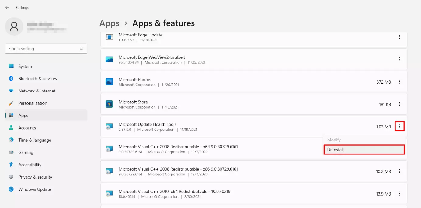 Image: Windows 11: Menu “Apps & features” listing installed programs