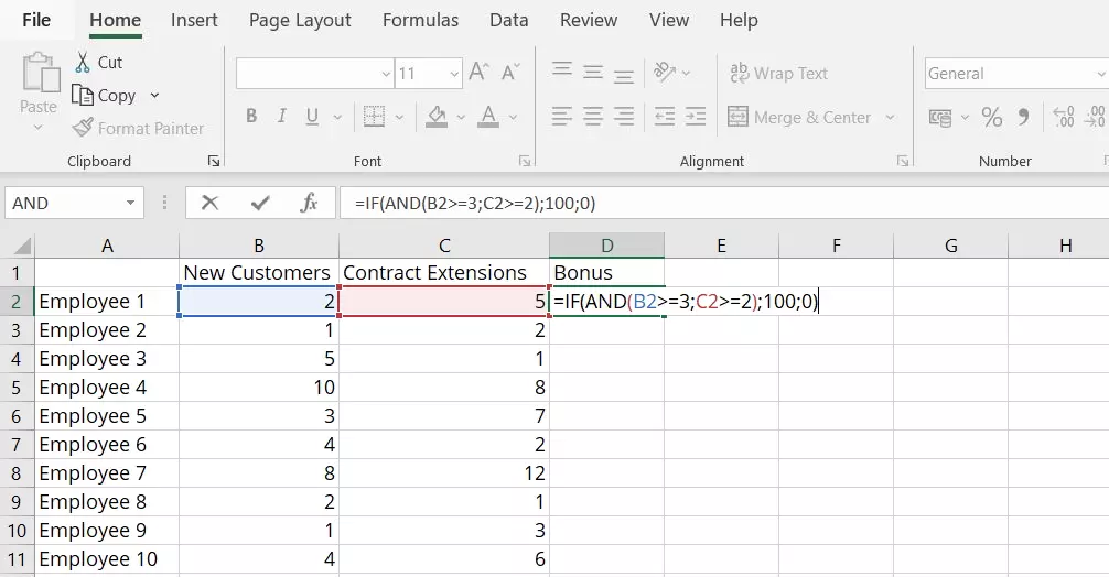 Image: Combination of the Excel AND and IF functions