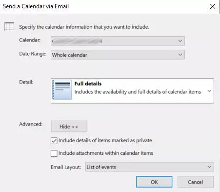 Outlook: Advanced options in the “Send a Calendar via Email” dialog box Outlook: Advanced options in the “Send a Calendar via Email” dialog box