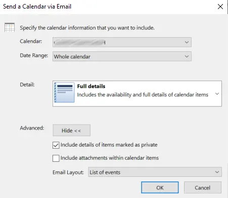 Outlook: Advanced options in the “Send a Calendar via Email” dialog box Image: Outlook: Advanced options in the “Send a Calendar via Email” dialog box