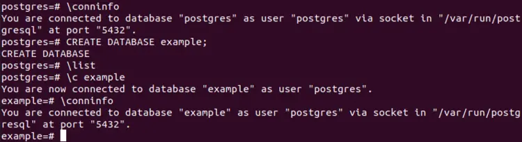 Entries to create a new PostgreSQL database and switch to it with the given command in the Ubuntu 20.04 terminal Entries to create a new PostgreSQL database and switch to it with the given command in the Ubuntu 20.04 terminal