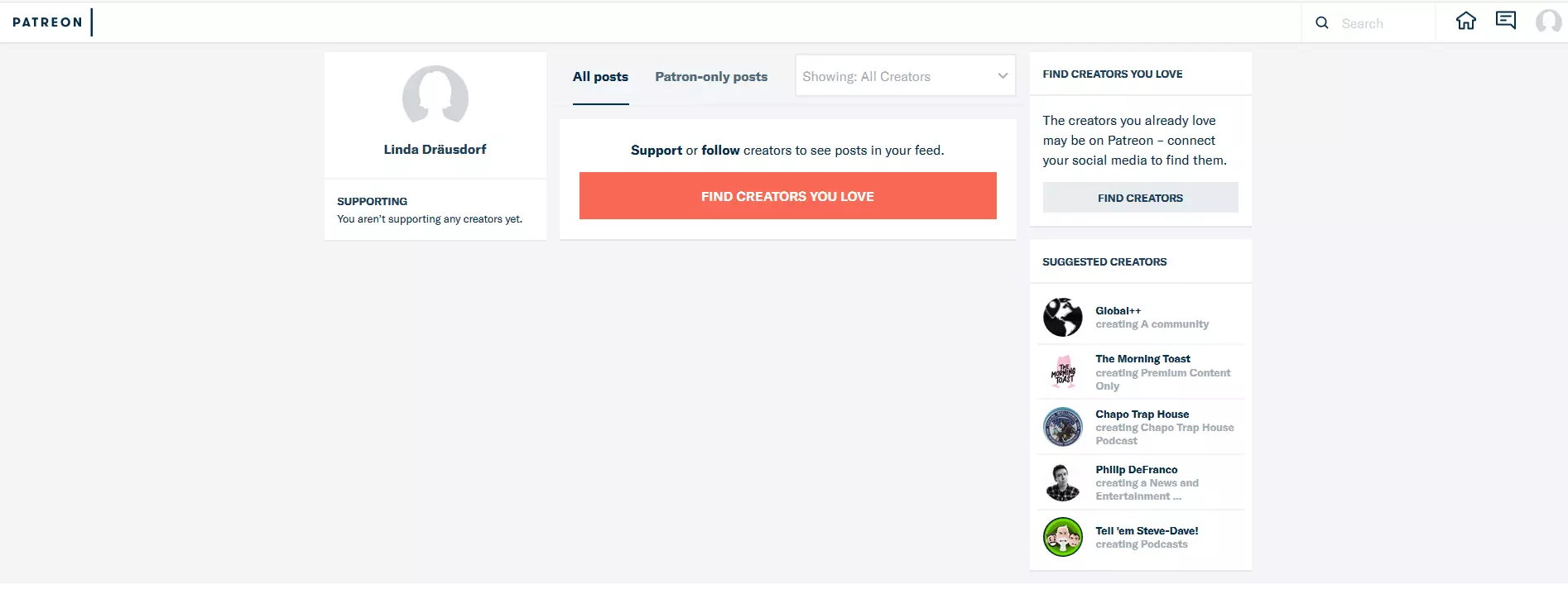 Image: A Patreon donor’s user profile with post feed and recommended project pages