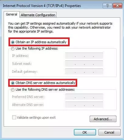 Image: Options menu of the internet protocol (TCP/IPv4) on Windows 7