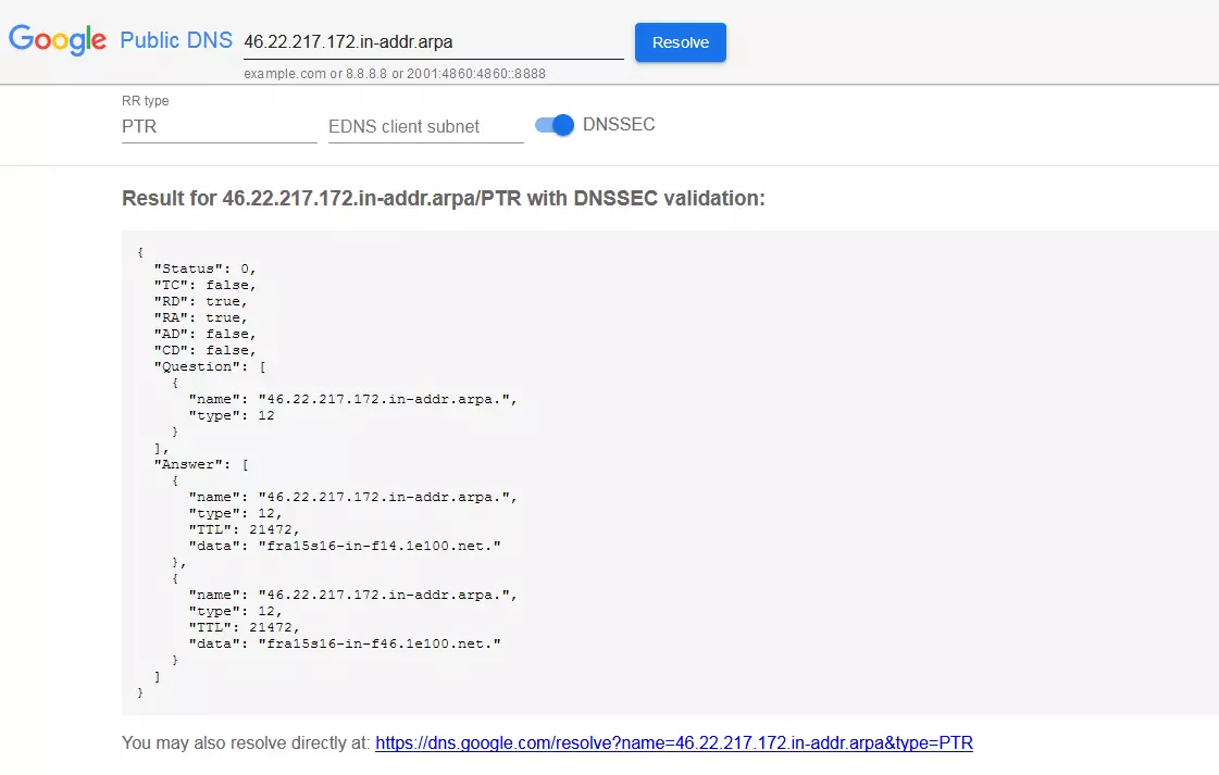 Image: PTR record check with Google’s Public DNS