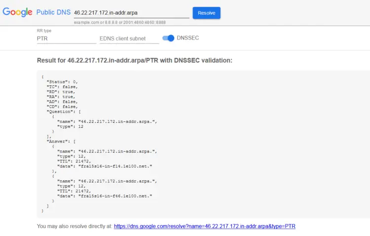 PTR record check with Google’s Public DNS PTR record check with Google’s Public DNS