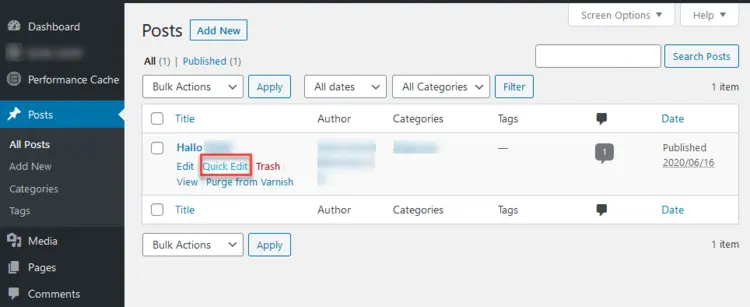“All Posts” page in the WordPress backend with the “Quick Edit” button outlined in red “All Posts” page in the WordPress backend with the “Quick Edit” button outlined in red