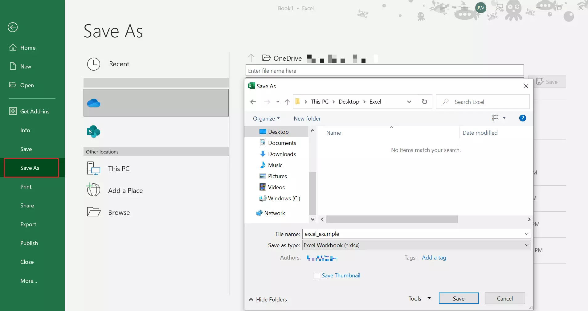Excel Save As menu Excel Save As menu