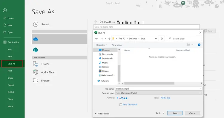 Excel Save As menu Excel Save As menu