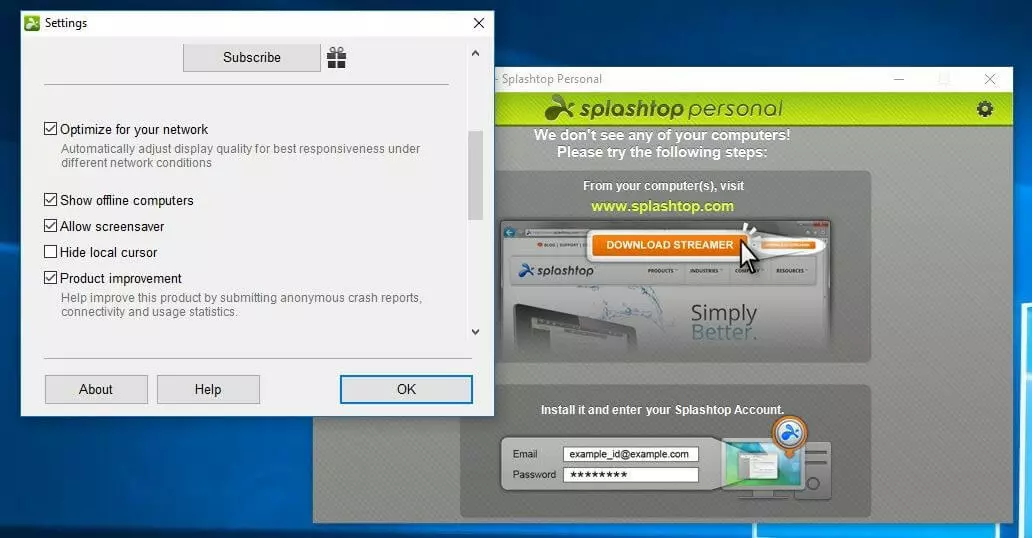 Image: settings menu of Splashtop Personal