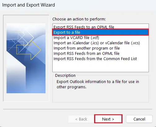 Outlook Import and Export Wizard: Possible actions Image: Outlook Import and Export Wizard: Possible actions
