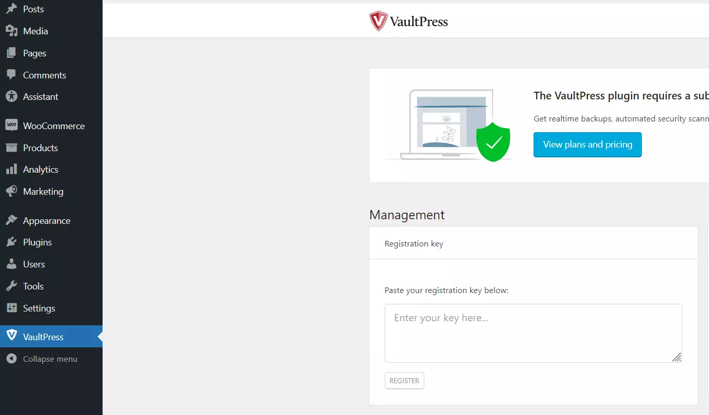 Image: VaultPress in the WordPress backend