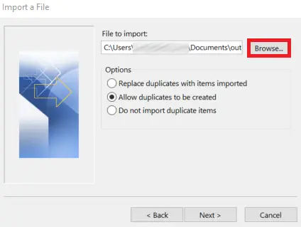 Outlook 365: “Import a File” menu Image: Outlook 365: “Import a File” menu