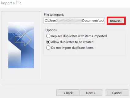 Outlook 365: “Import a File” menu Outlook 365: “Import a File” menu