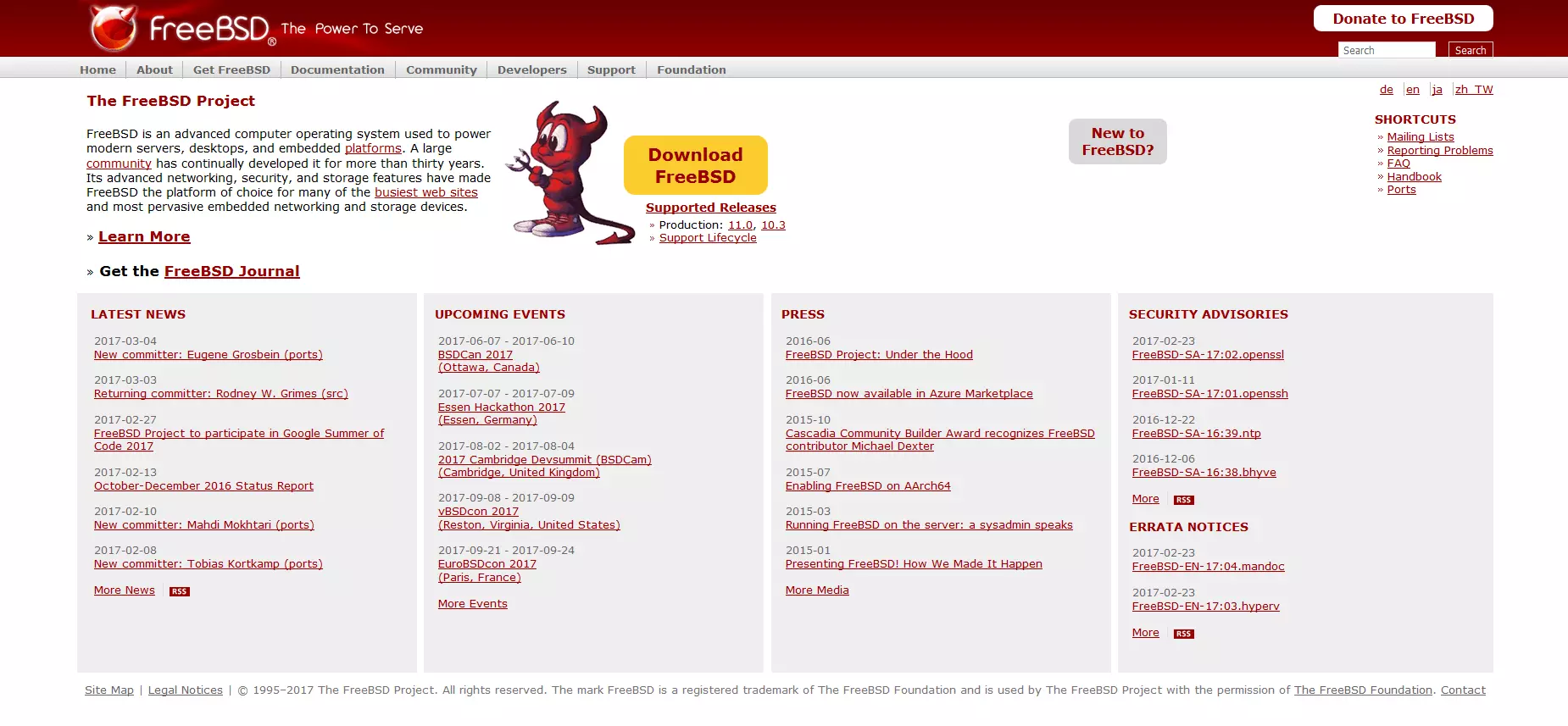 Image: The homepage of the open source project, FreeBSD