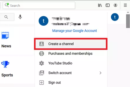 Image: YouTube menu: “Create a channel”