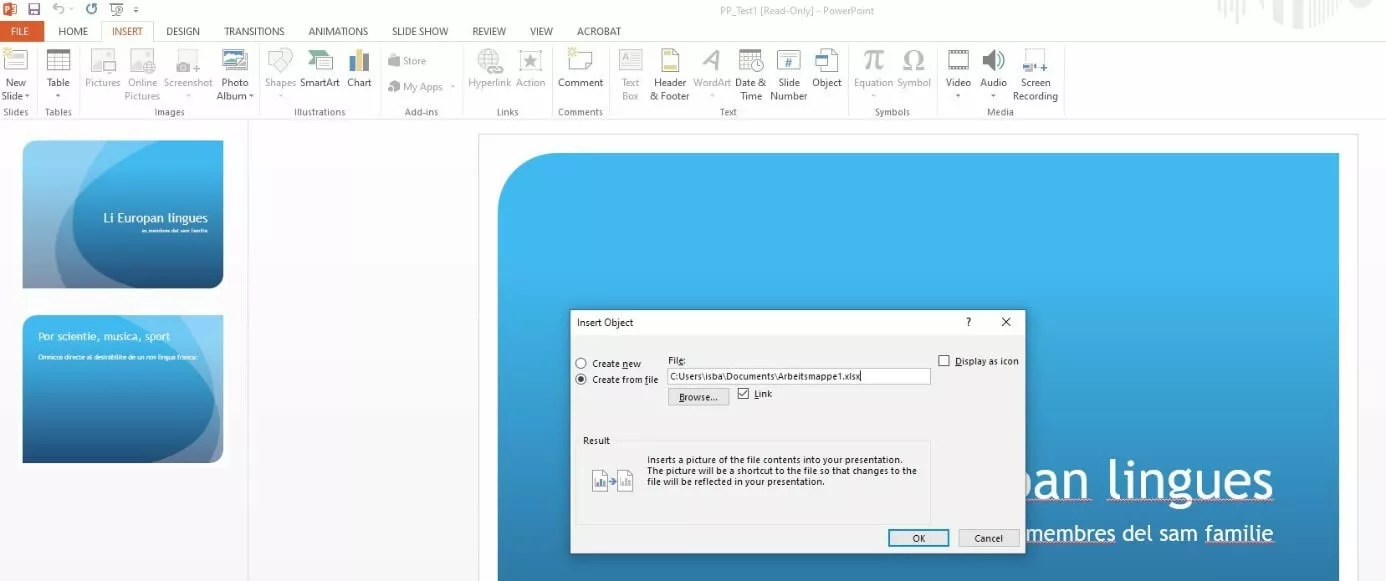 “Insert Object” dialog in PowerPoint”