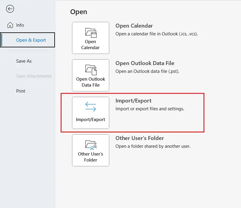 Outlook “Open” menu, found under “File” > “Open & Export” Image: Outlook “Open” menu, found under “File” > “Open & Export”
