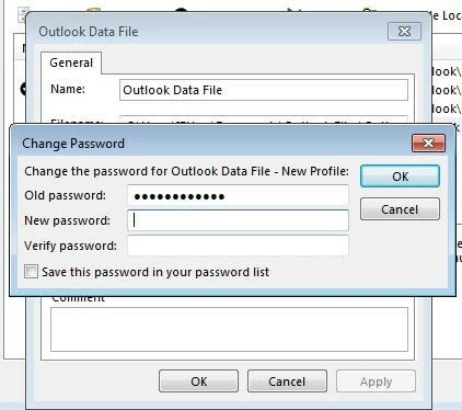 Outlook data file: menu for password change