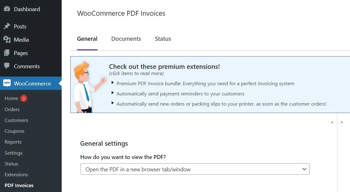 Image: Screenshot of plugin WooCommerce PDF Invoices & Packing Slips in the WordPress backend