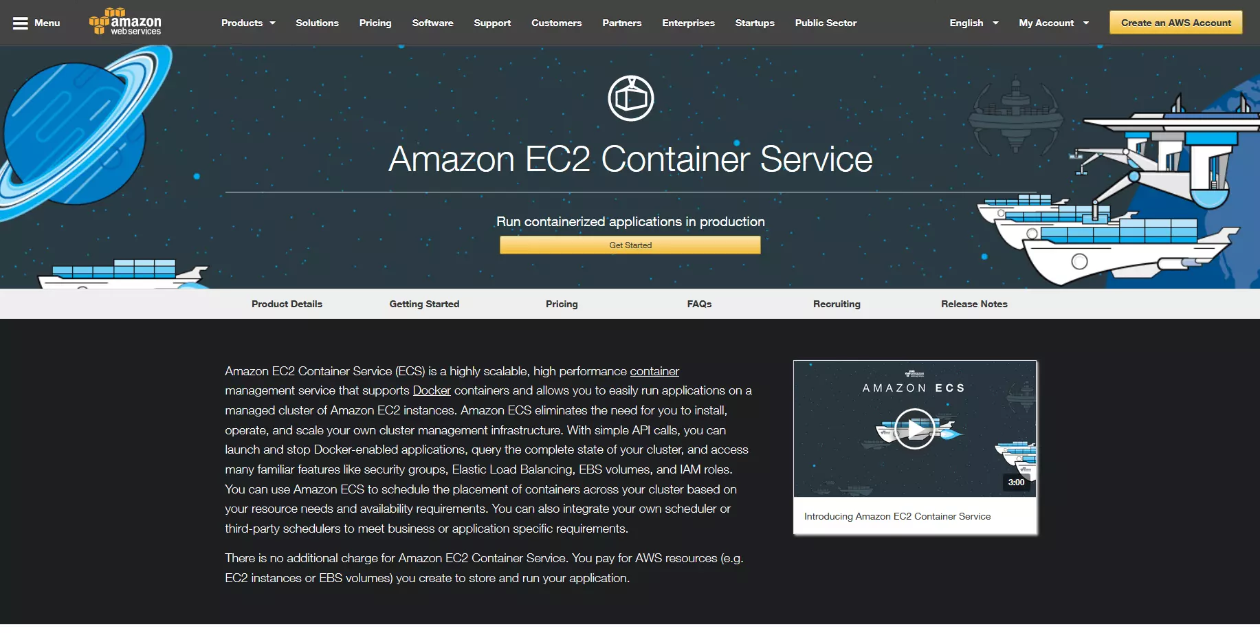 Image: Product web page for Amazon EC2 Container Service (ECS