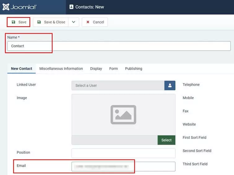 Image: Create contact profile in Joomla backend