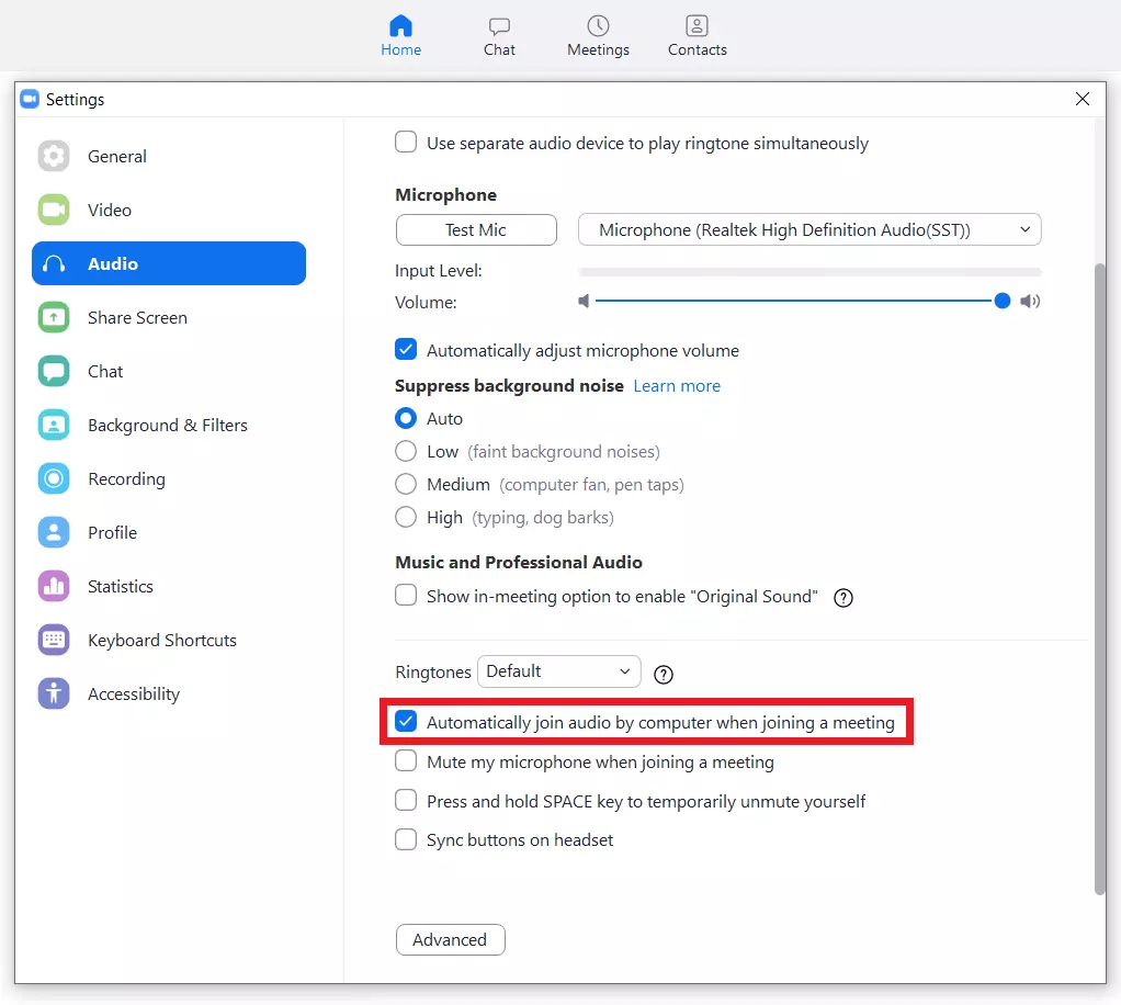Image: Option to allow the computer audio to automatically connect on Zoom