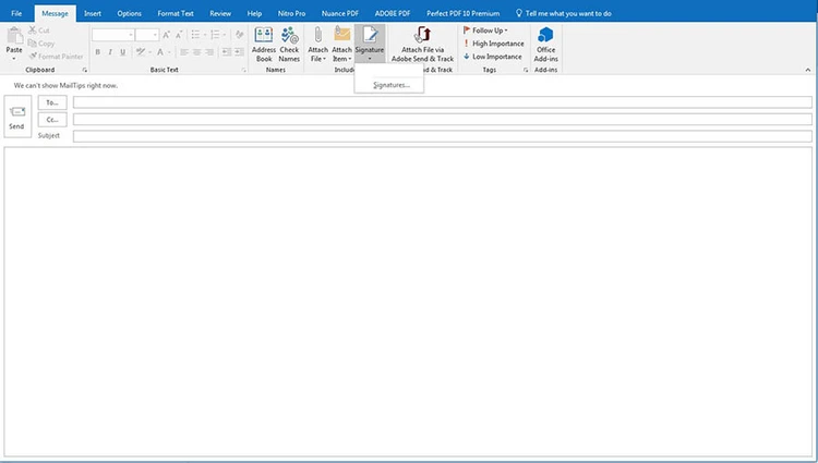 Screenshot of a blank message in Outlook with the “Signature” button selected Screenshot of a blank message in Outlook with the “Signature” button selected