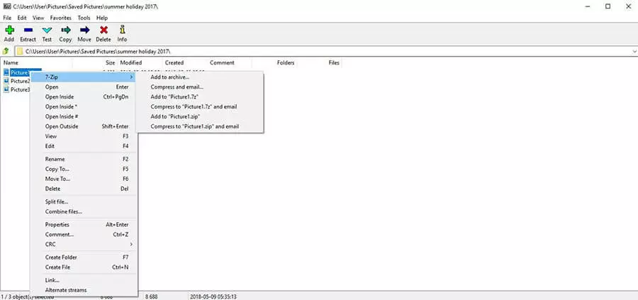 Image: User interface of 7-Zip with the open context menu and a submenu