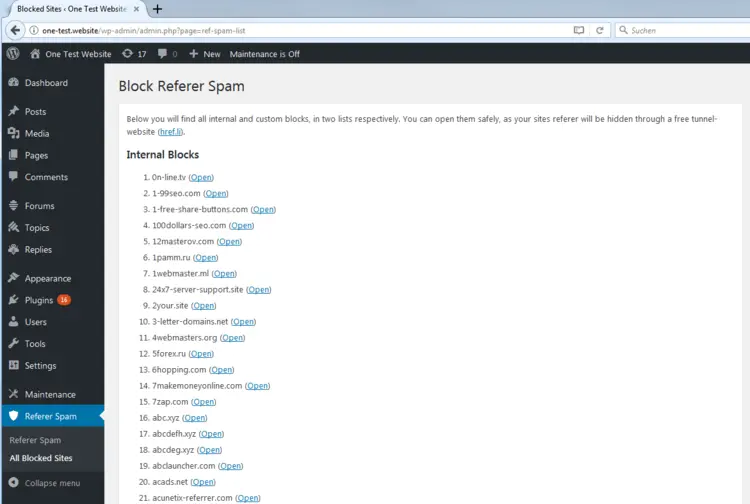 WordPress backend: Overview of all blocked sites WordPress backend: Overview of all blocked sites