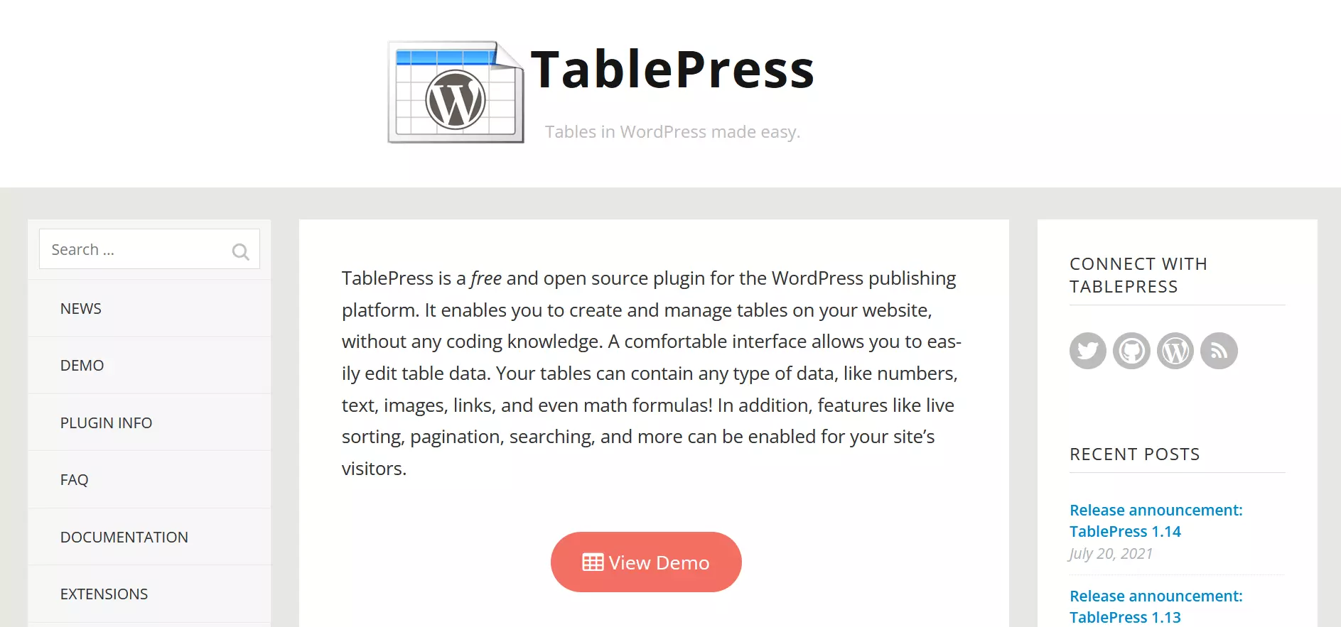 Image: Screenshot of the “TablePress” table plugin website