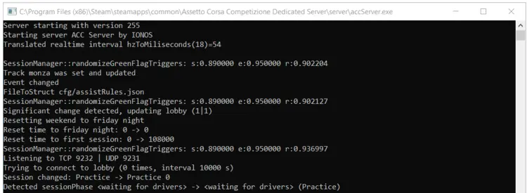 Initializing the Assetto Corsa Competizione server at the Windows command prompt Initializing the Assetto Corsa Competizione server at the Windows command prompt