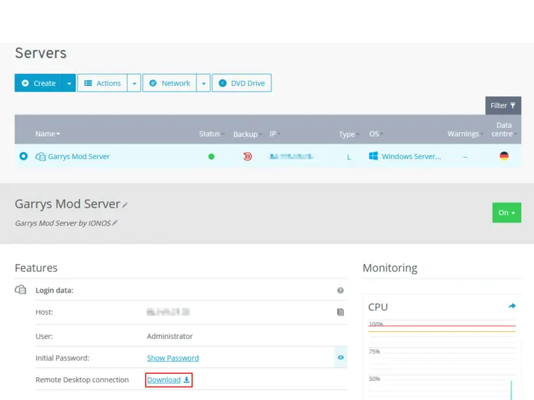 Screenshot of the server view in your IONOS account Screenshot of the server view in your IONOS account