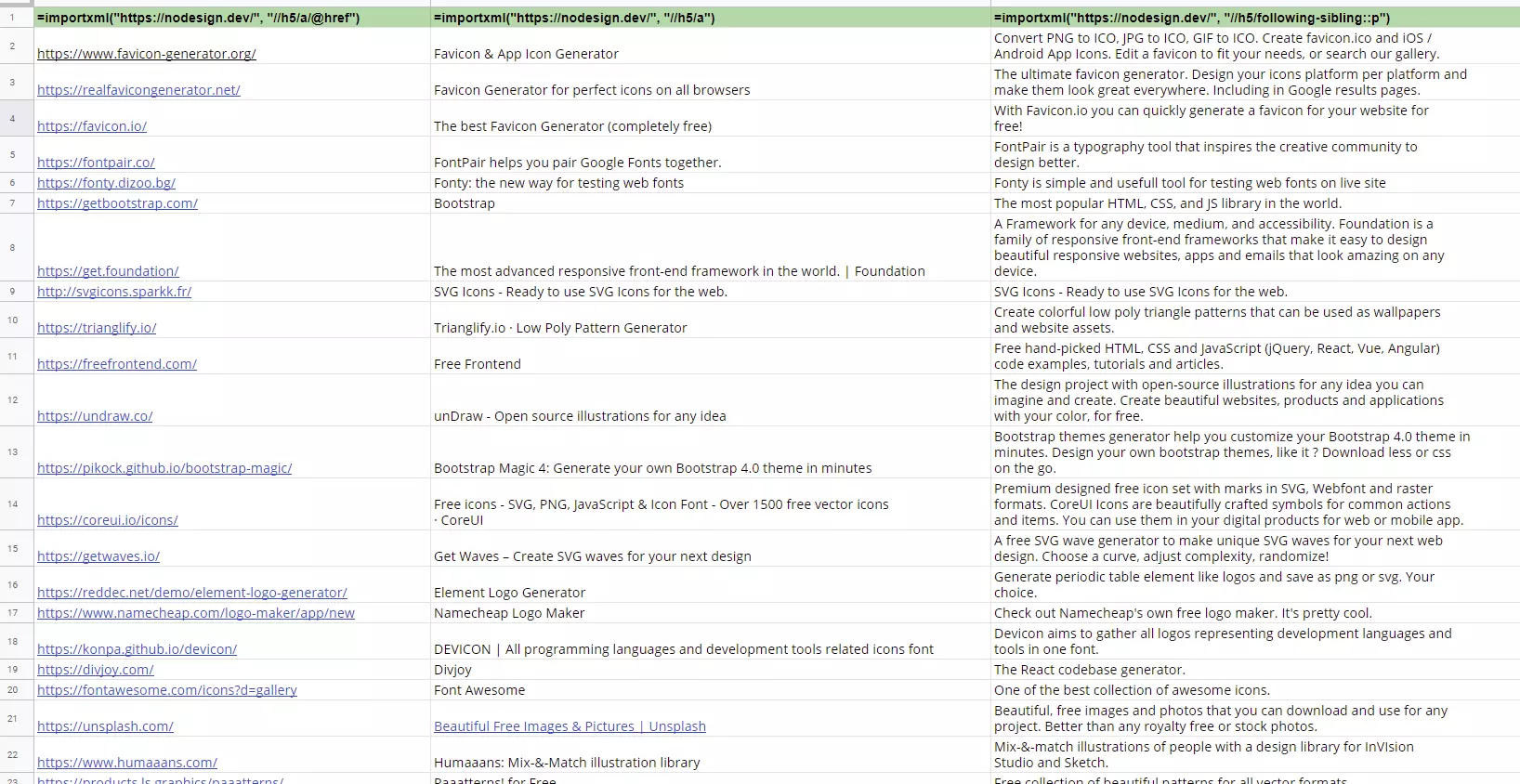 Image: Google Sheets: importXML import result