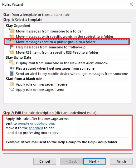 Outlook Rules Wizard: Selecting rule template Outlook Rules Wizard: Selecting rule template