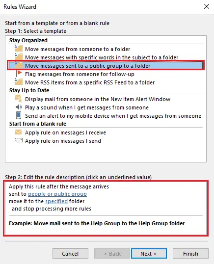 Image: Outlook Rules Wizard: Selecting rule template
