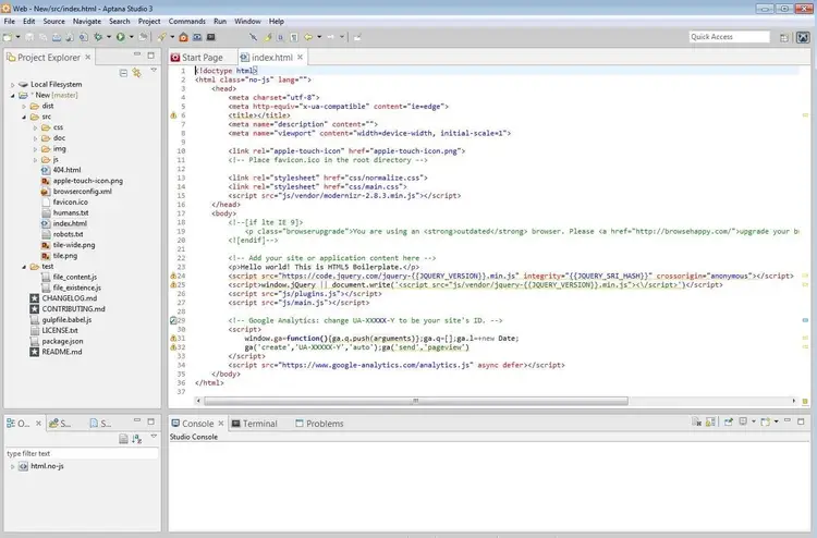 Visual interface of Aptana Studio Visual interface of Aptana Studio