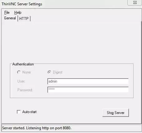 Image: ThinVNC: server configuration menu