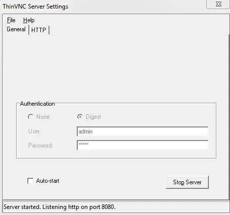 ThinVNC: server configuration menu ThinVNC: server configuration menu