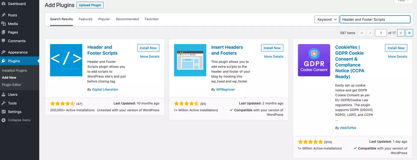 Image: Search for Header and Footer Scripts Plugin