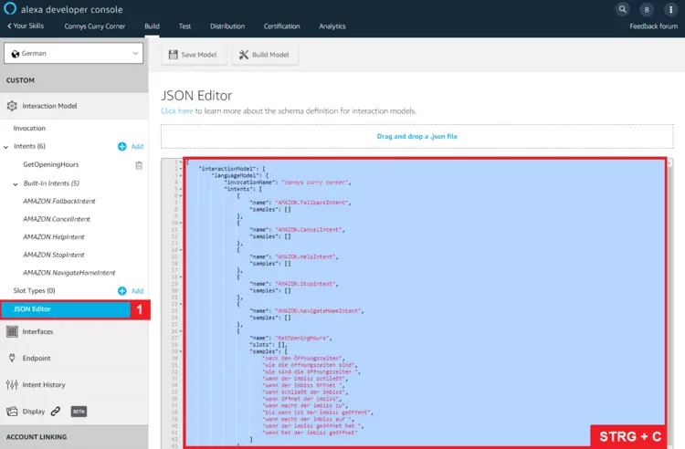 The skill’s interaction model in the JSON editor The skill’s interaction model in the JSON editor