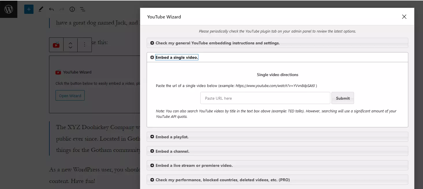 Image: YouTube Wizard in WordPress Editor