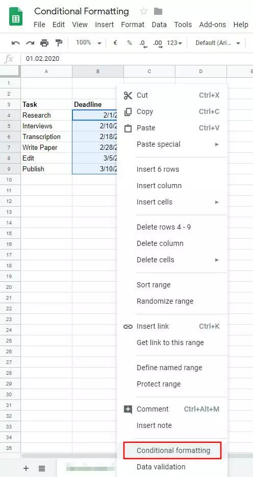 Image: Google Sheets: table with selected range