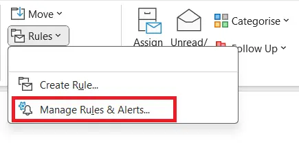 Image: Outlook menu: Manage Rules & Alerts option