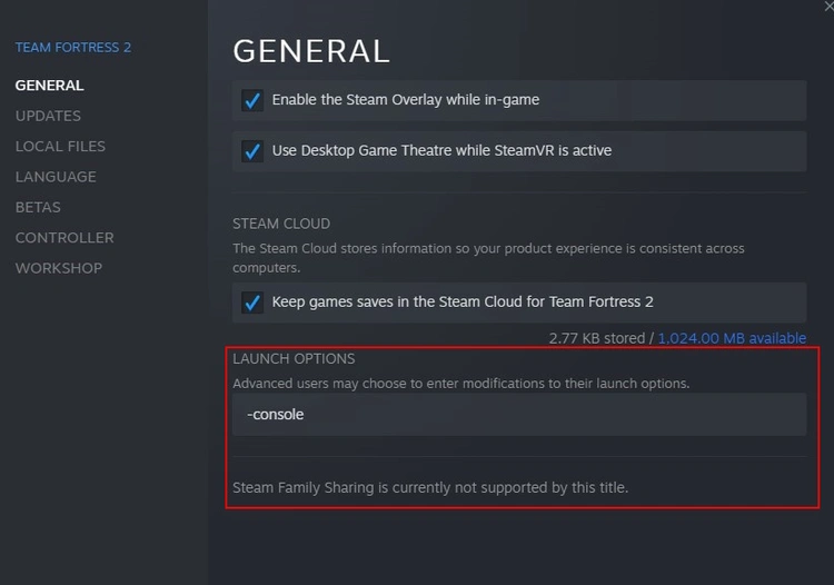 Entering the command to open the developer console in Steam settings Entering the command to open the developer console in Steam settings