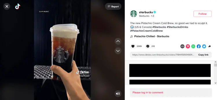 A screenshot of a TikTok post from Starbucks. A screenshot of a TikTok post from Starbucks.