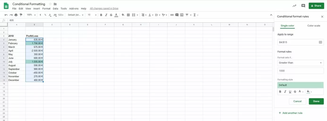 Image: Google Sheets: Conditional formatting (rules)