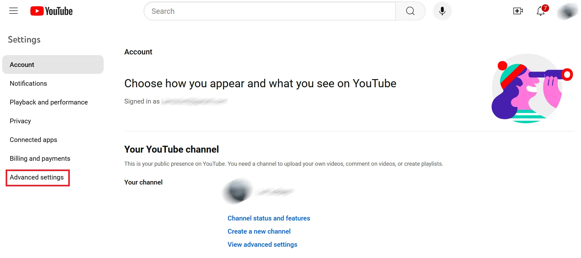 Image: “Advanced settings” in the YouTube menu
