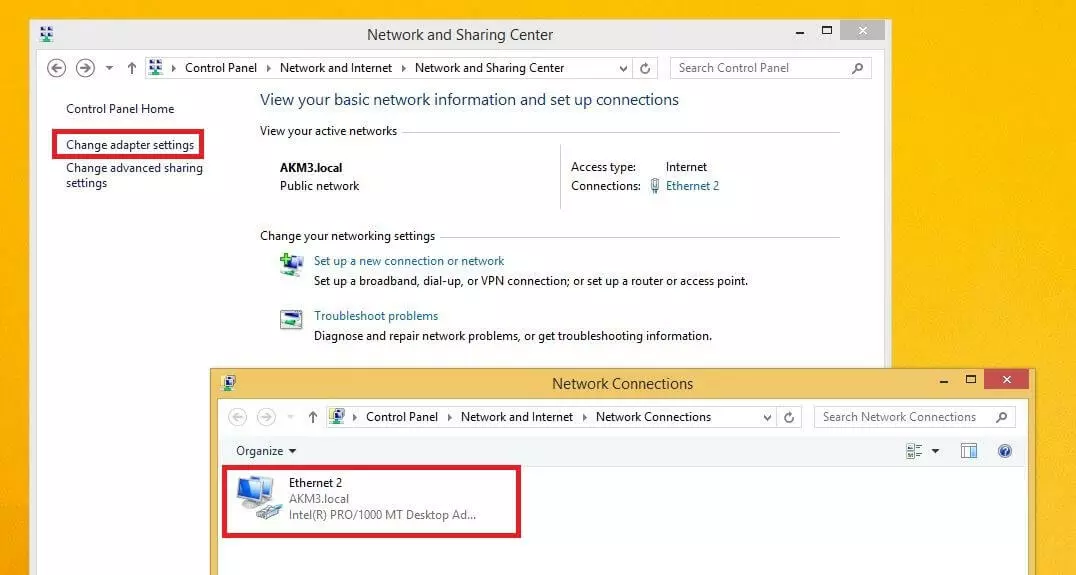Image: Network and Sharing Center and available networks on Windows 8